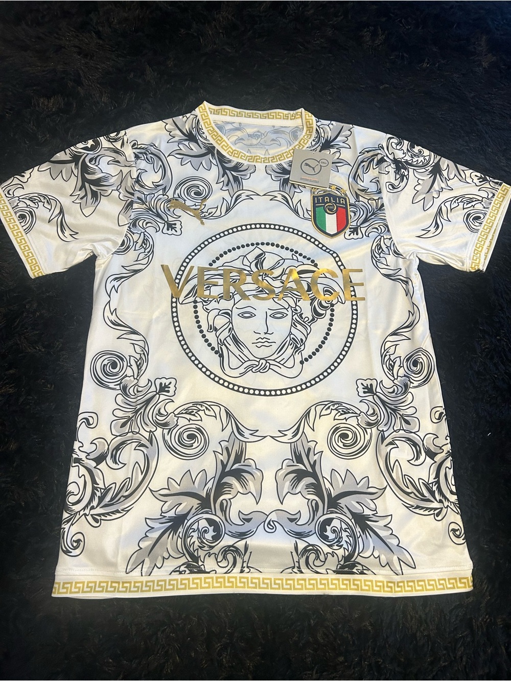 Versace White Short-Sleeve Medusa Tee with Black Baroque and Gold Logo